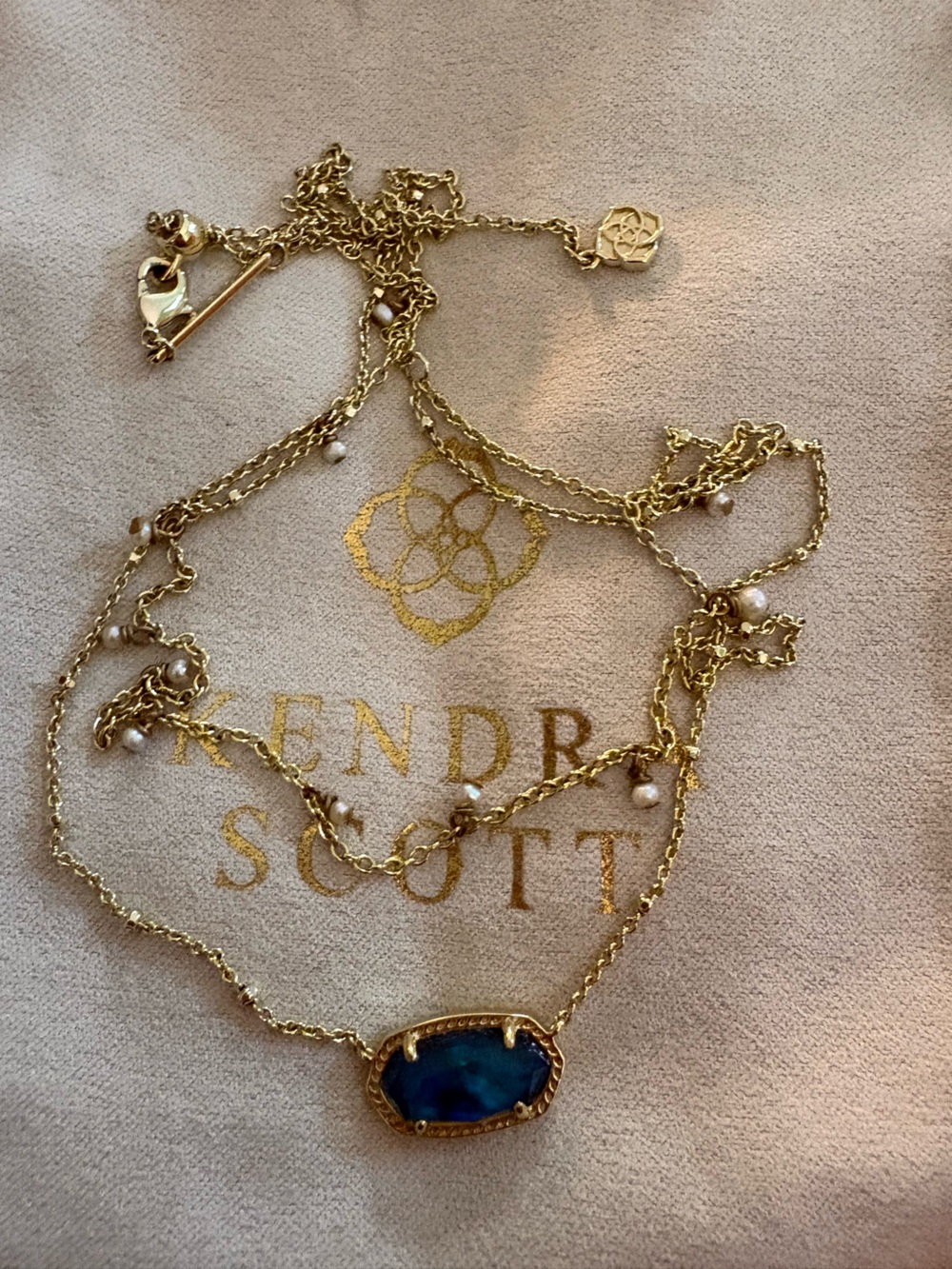 Kendra Scott Gold Tone Necklace with Blue Elisa and Pearl Accents